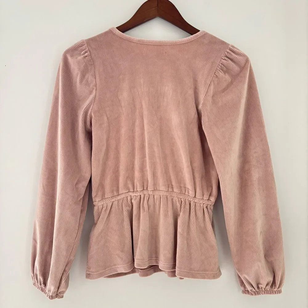 Madewell Ribbed Wrap Top XS Blush Pink Tie Waist Peplum Long Sleeve
